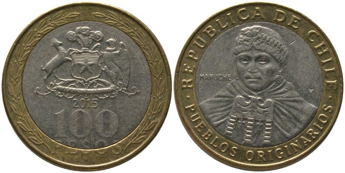 Чили 100 песо 2015 So KM 236, Schon 84 биметалл 4544-247