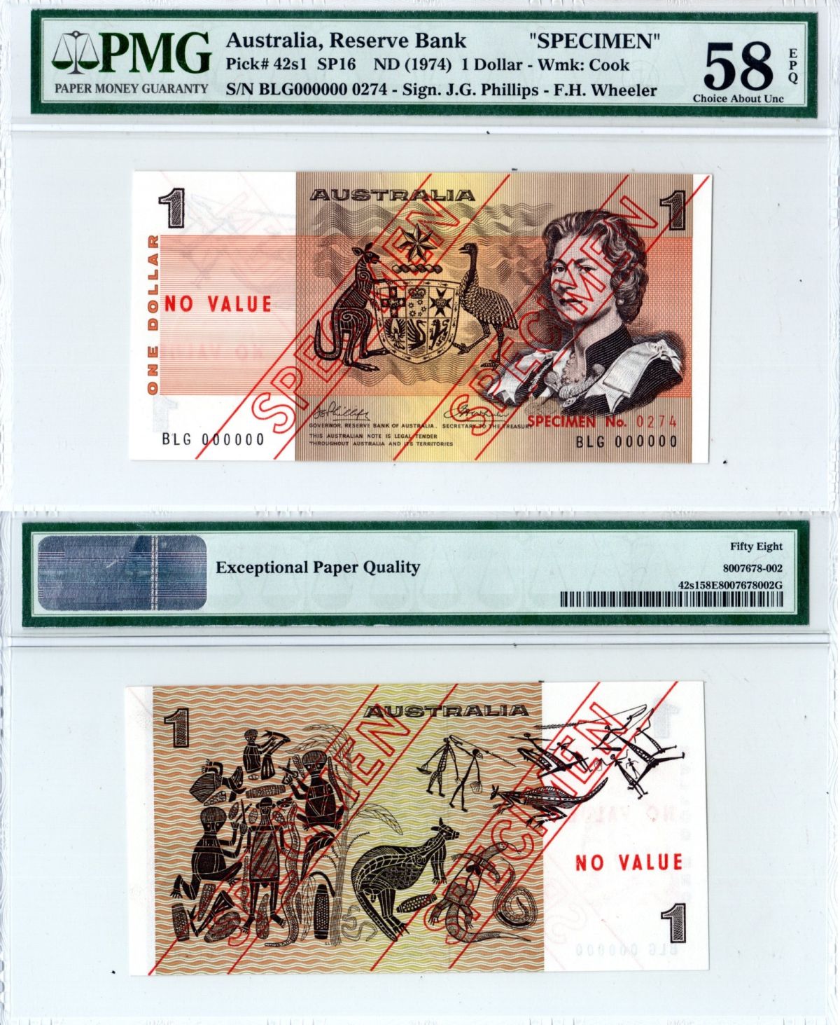 Австралия 1 доллар ND (1974) в холдере компании PMG. Сохранность -58, образец "SPECIMEN" Елизавета II (1952-2022), картины аборигенов Pick 24 s1 бумага 10-3-07