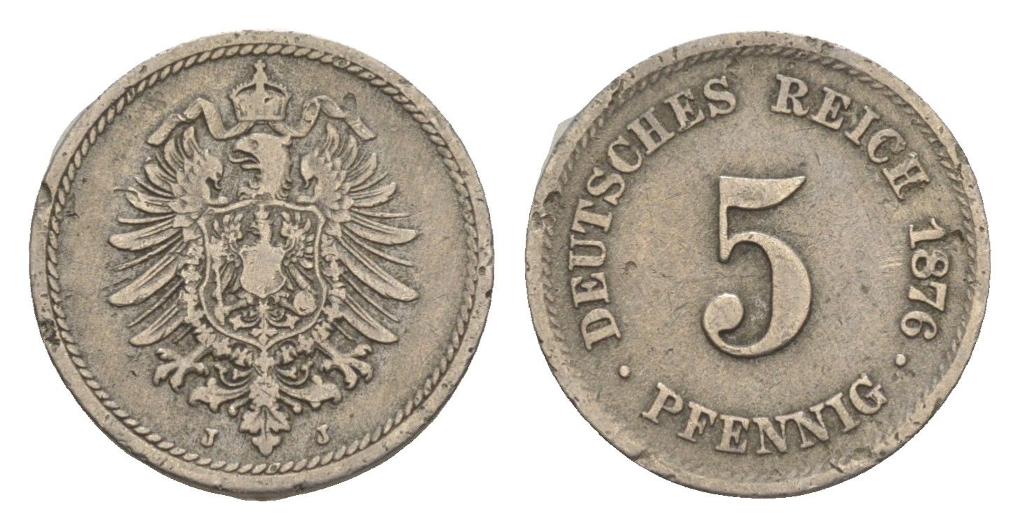 Германия 5 пфеннигов 1876 J, Вильгельм I (1871-1888) KM 3, J. 3 медно-никель 4615-131