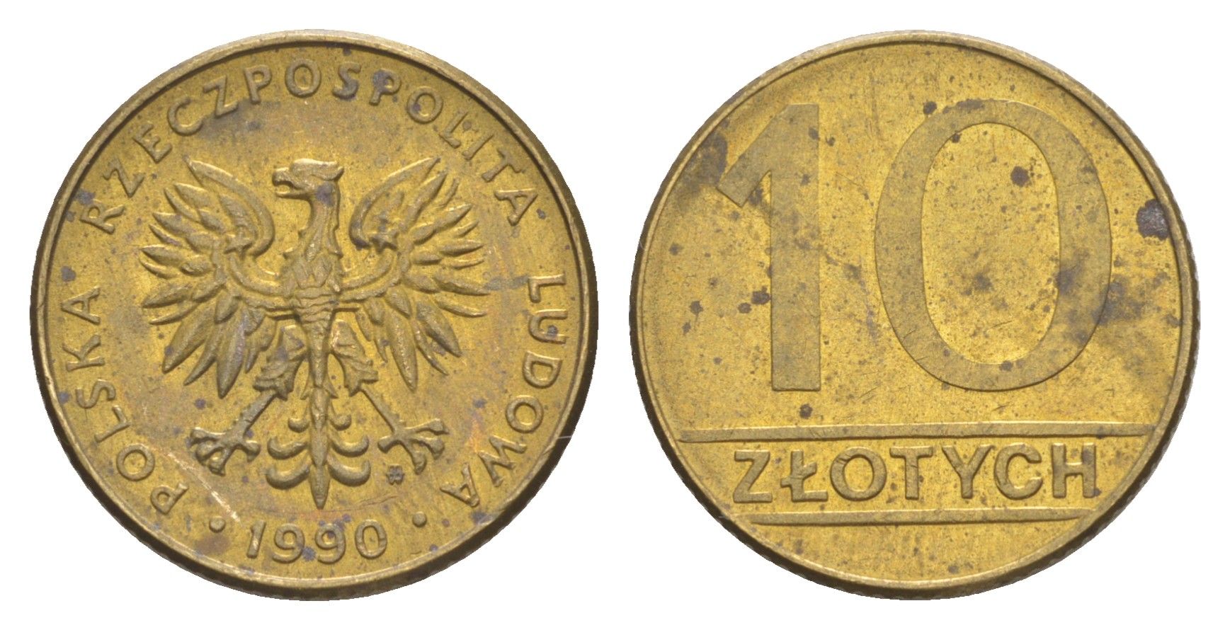 Польша 10 злотых 1990 MW, Народная Республика KM 152.2, Parchimowicz 244b латунь 4613-467