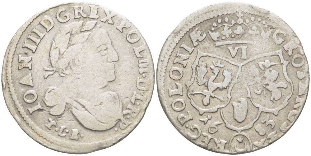 Польша 6 грошей (шостак) 1683 TLR/C, Ян III Собеский (1674-1696), вес 3,44 гр. KM 128, Kopinski 267.7a серебро 1517-811
