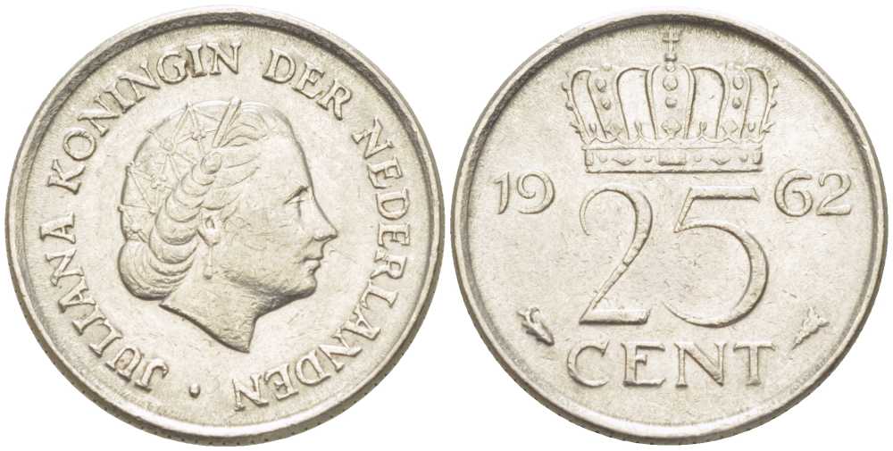 НИДЕРЛАНДЫ 25 ЦЕНТОВ 1962 ЮЛИАНА (1948-1980) KM 183 никель 214-935