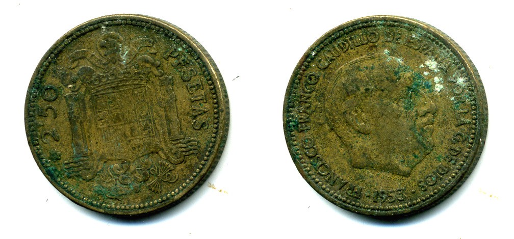 ИСПАНИЯ 2 1/2 ПЕСЕТЫ 1953 (54) ФРАНСИСКО ФРАНКО ДИКТАТОР ИСПАНИИ (1939-1975) KM 785 алюминиевая бронза 53-1235