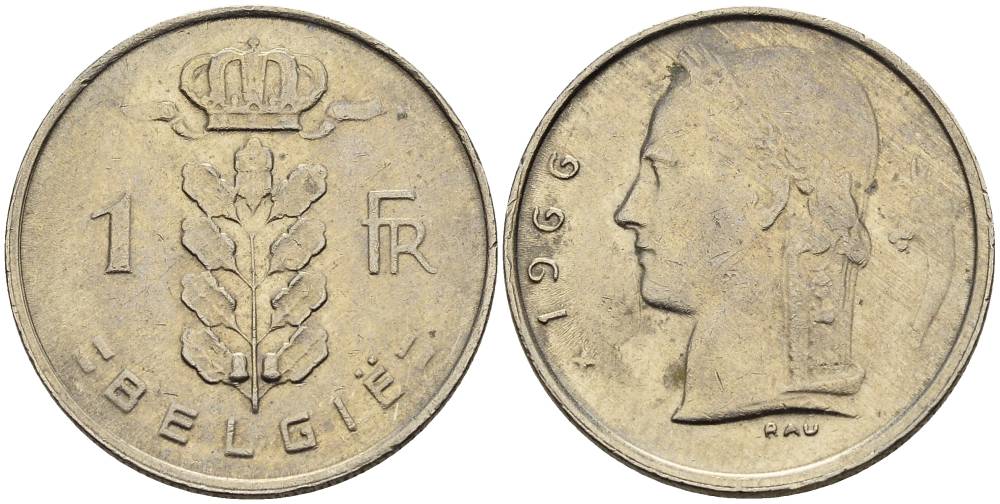 БЕЛЬГИЯ 1 ФРАНК 1966 BELGIE KM 143.1 медно-никель 4546-357