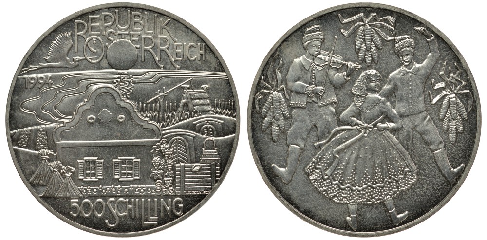 Австрия 500 шиллингов 1994 Паннонийский регион, танцоры KM 3017 серебро UNC 413-4811