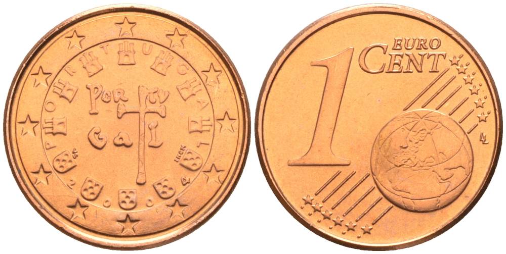 ПОРТУГАЛИЯ 1 ЕВРОЦЕНТ 2004 INCM KM 740 сталь плакированная медью UNC 68-831