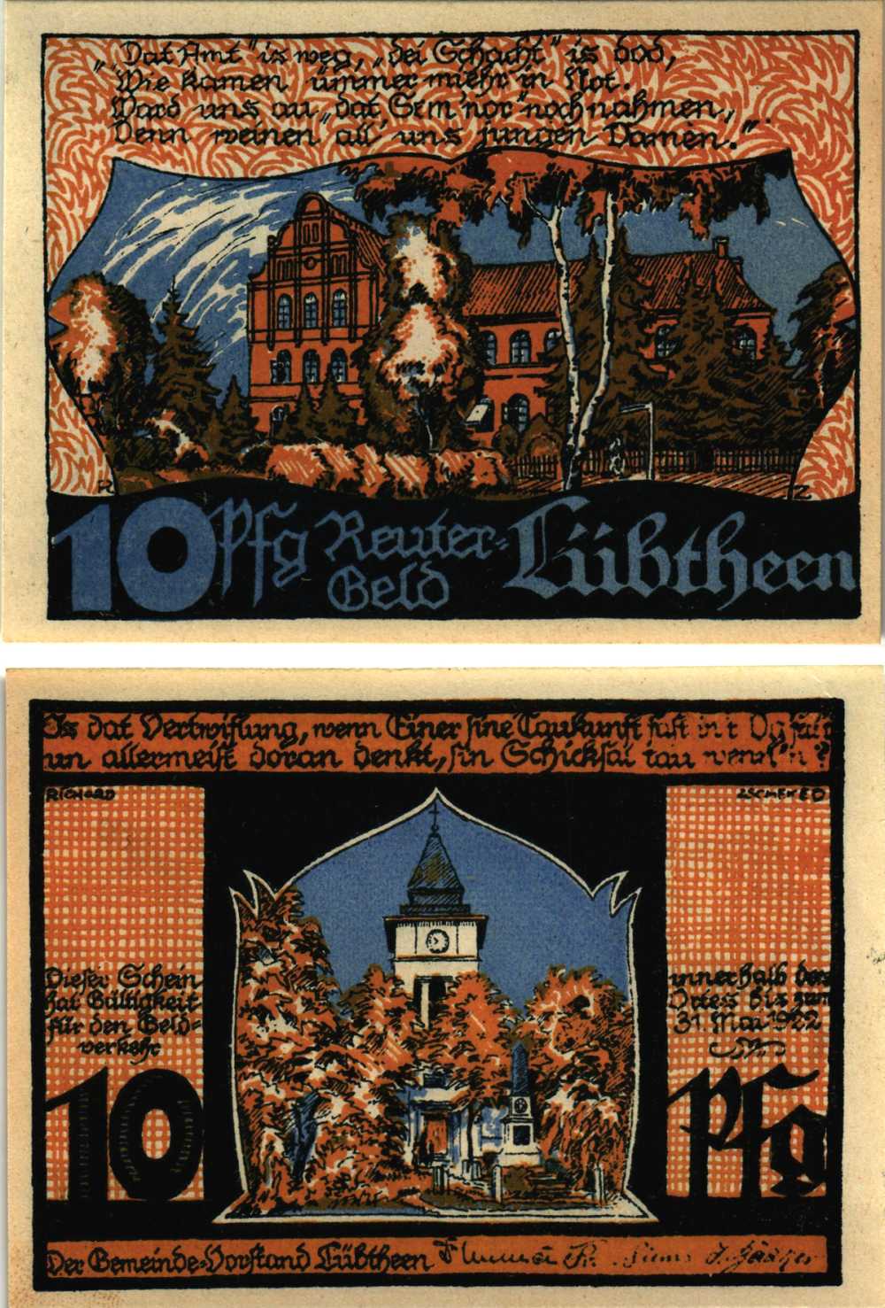 ЛЮБТЕН 10 ПФЕННИГОВ 1922 НОТГЕЛЬД, 1922 - 31 МАЯ 1922, ЗЕМЛЯ МЕКЛЕНБУРГ-ПЕРЕДНЯЯ ПОМЕРАНИЯ Grabowski 834.1 бумага 8608-12-1-1