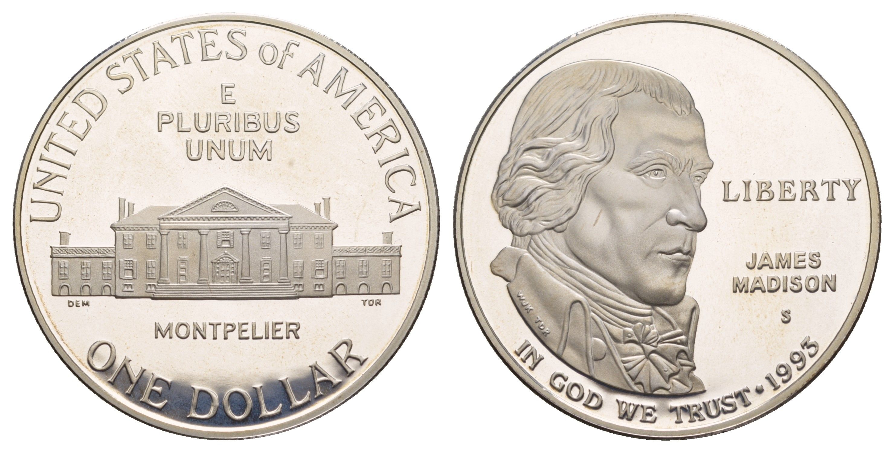 США 1 доллар 1993 S, Билль о правах, Джеймс Мэдисон KM 241 серебро PROOF 11-266-15