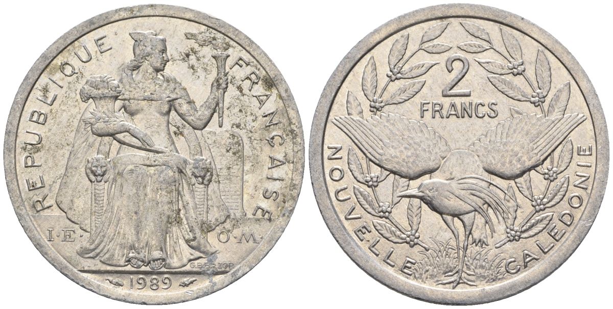 Французская Новая Каледония 2 франка 1989 птица кагу, (IEOM) KM 14, Schoen 11, Lec 65 алюминий    24-826