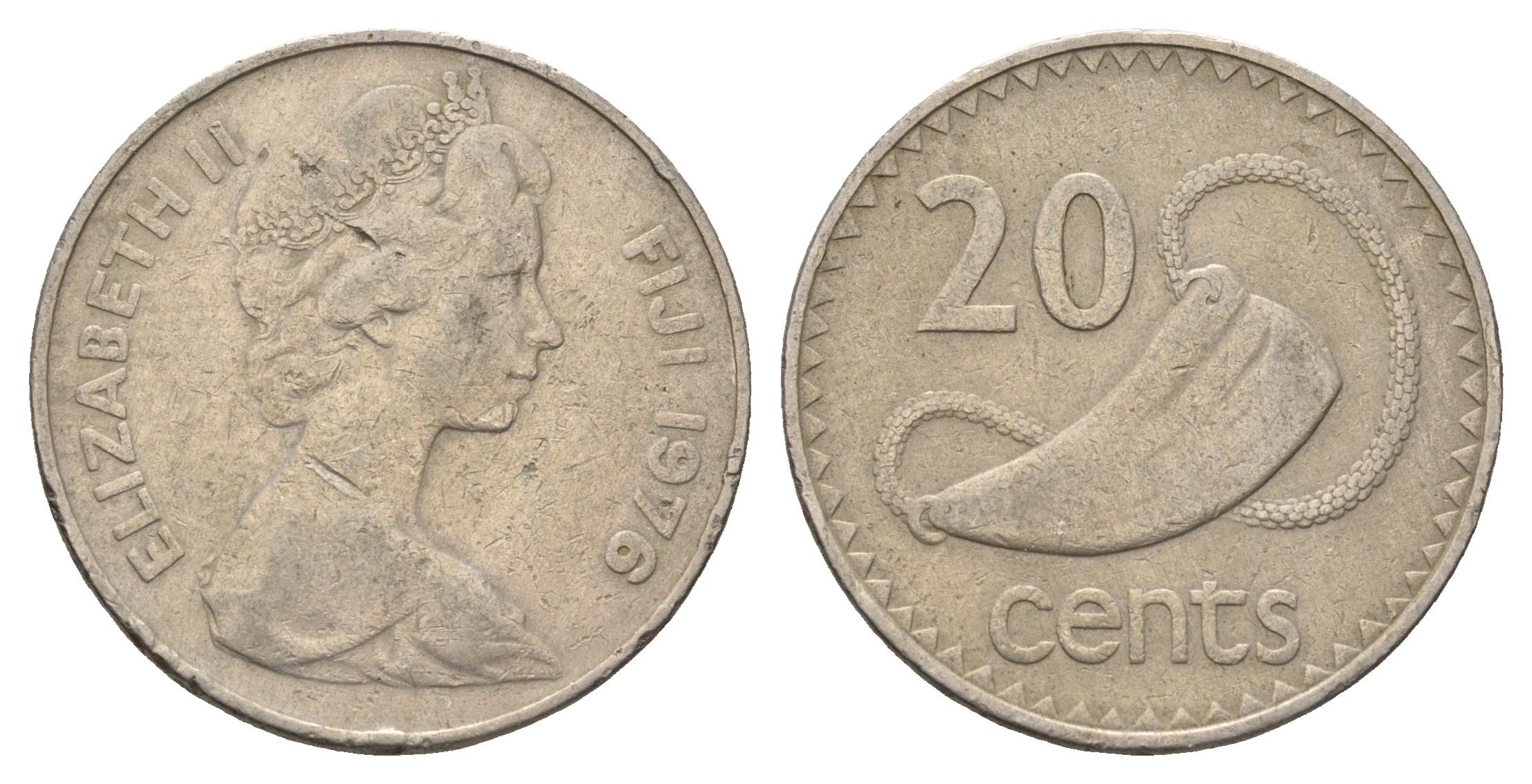 Фиджи 20 центов 1976 Елизавета II (1952-2022), китовый зуб KM 31 медно-никель 4698-1157