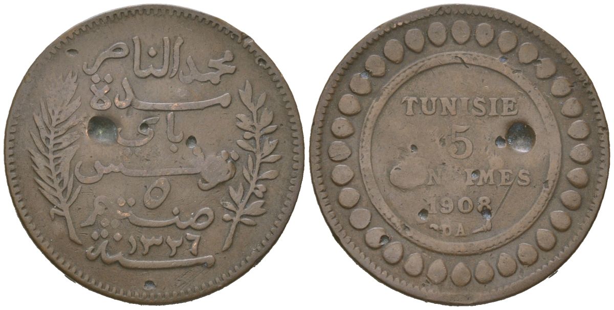 Тунис 5 сантимов 1908 KM 235 бронза 98-436