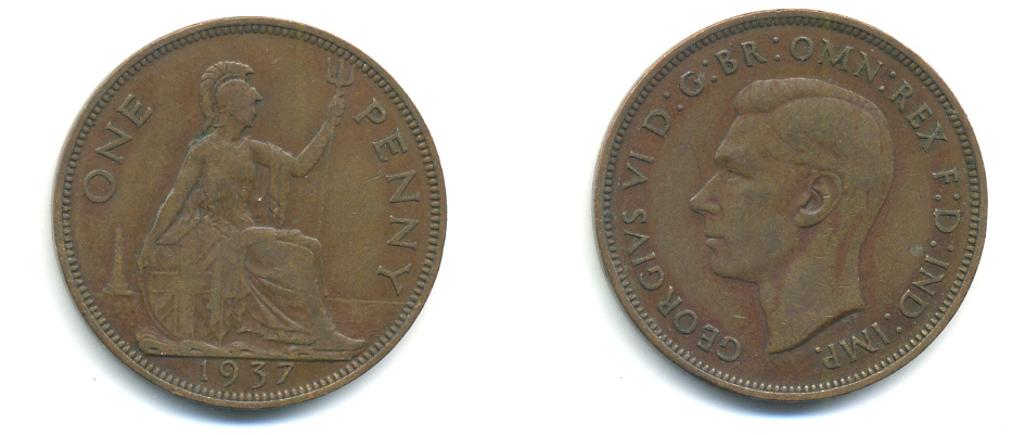Великобритания 1 пенни 1937 Георг VI (1936-1952) KM 845, Spink 4114 бронза 89-125