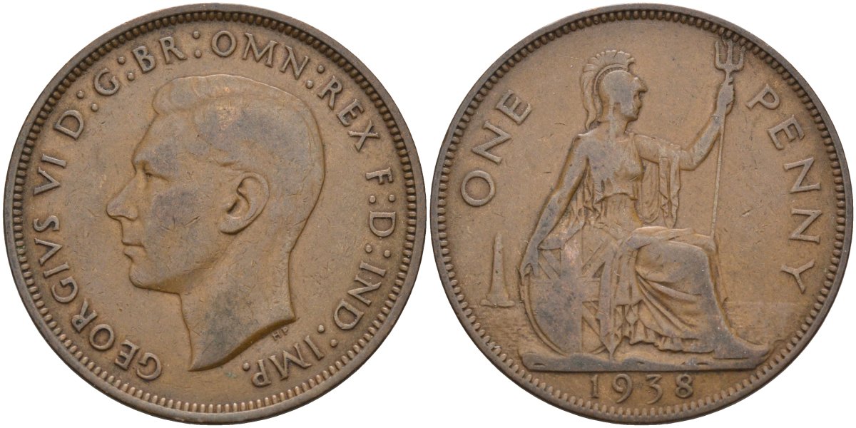 Великобритания 1 пенни 1938 Георг VI (1936-1952) KM 845, Spink 4114 бронза 4117-1224