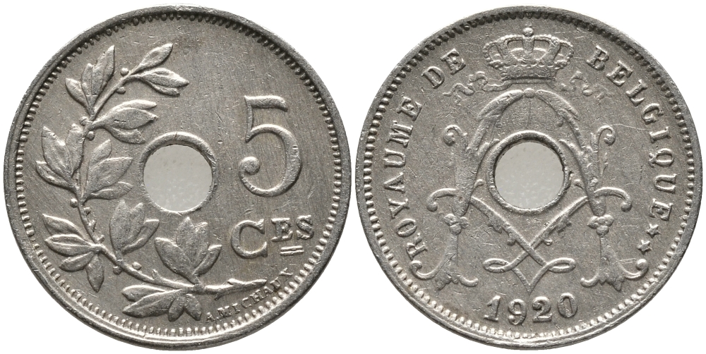 БЕЛЬГИЯ 5 САНТИМОВ 1920 BELGIQUE KM 66 медно-никель 76-514