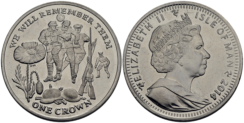 Остров Мэн 1 крона 2014 в память героев первой мировой войны, игра в футбол KM NEW медно-никель UNC M80-10