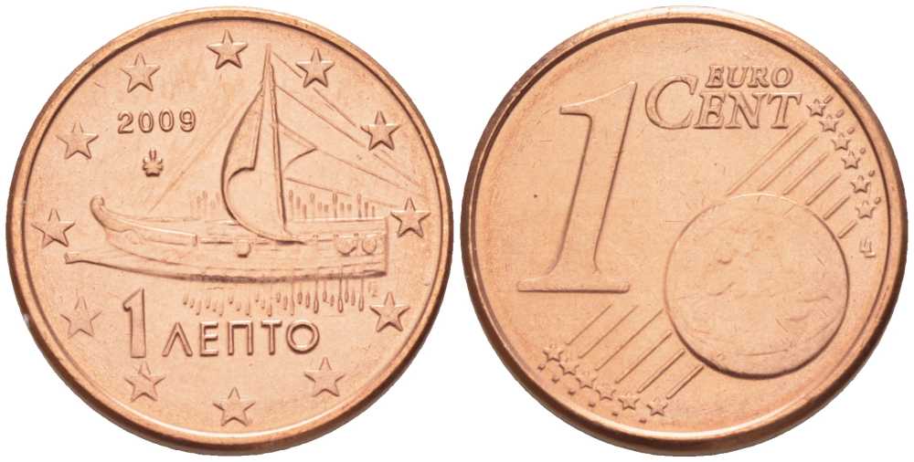 ГРЕЦИЯ 1 ЕВРОЦЕНТ 2009 KM 181 сталь плакированная медью UNC 214-342