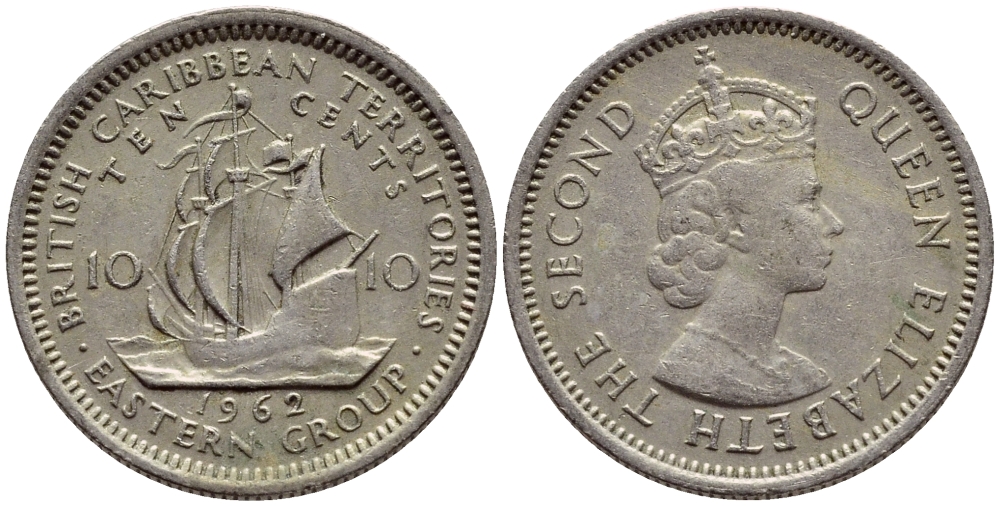 Британские Восточно-Карибские территории 10 центов 1962 Елизавета II (1952-2022), парусник KM 5 медно-никель 4387-1033