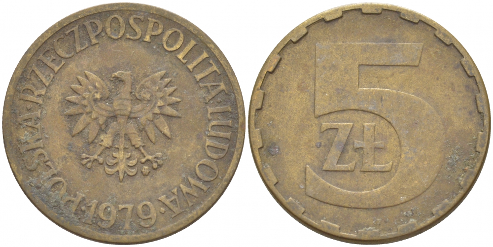ПОЛЬША 5 ЗЛОТЫХ 1979 MW KM 81.1 латунь VF 3457-741