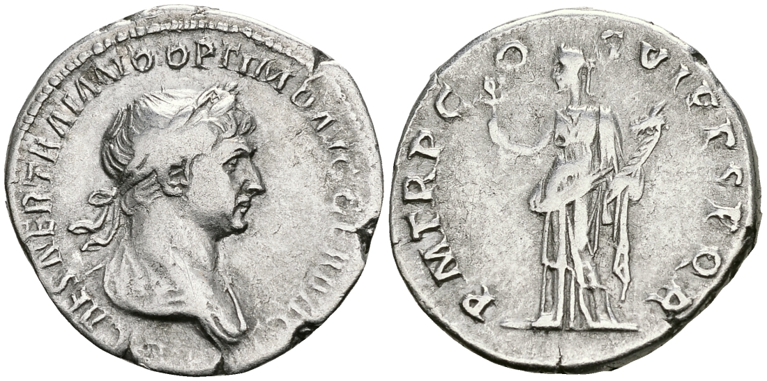 Римская Империя денарий 114 - 117 Траян PM TR P COS VI PP SPQR Фелицитата, персонификация Счастья Рим Very fine RIC 343 серебро 1073-4-1-2