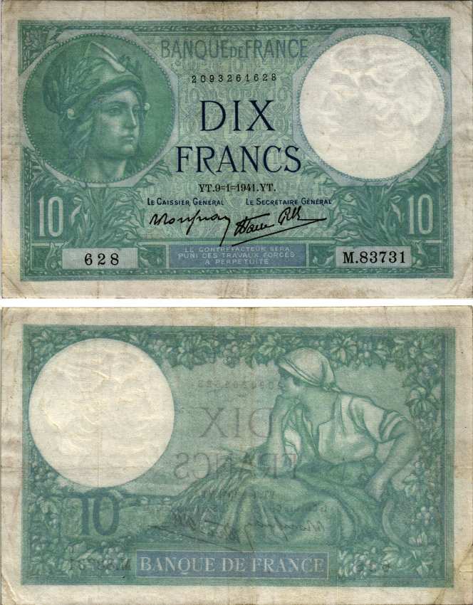 ФРАНЦИЯ 10 ФРАНКОВ 1941 9 ЯНВАРЯ 1941, ГОЛУБАЯ Pick 84 бумага VF-XF 7183-50-3-1