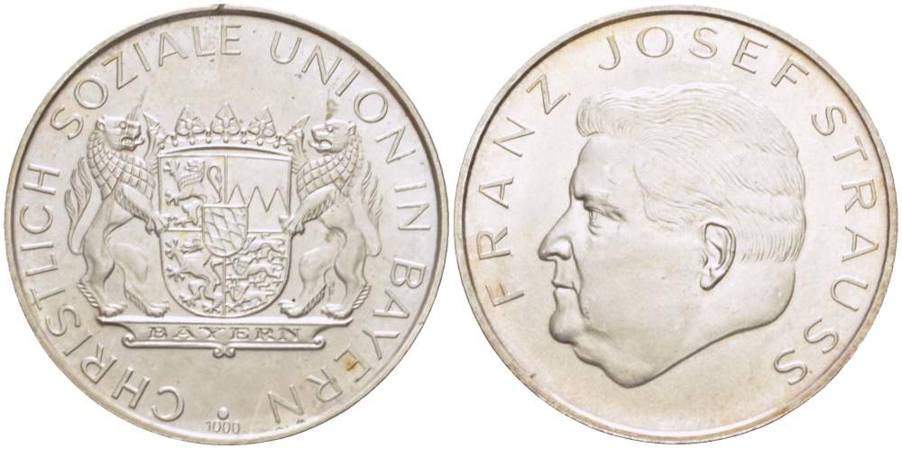 БАВАРИЯ МЕДАЛЬ ND ФРАНЦ ЙОЗЕФ ШТРАУС - ЛИДЕР ХРИСТИАНСКО-СОЦИАЛЬНОГО СОЮЗА БАВАРИИ (1915-1988), ДИАМЕТР 30 ММ. серебро 4179-124