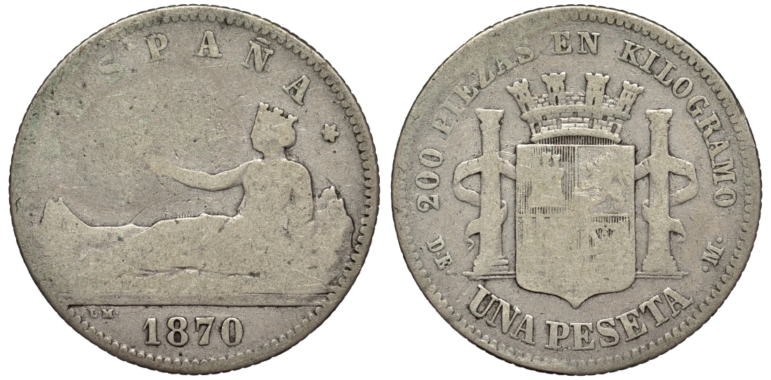 Испания 1 песета 1870 (73) DE-M KM 653 (Y-58) серебро 1527-1313