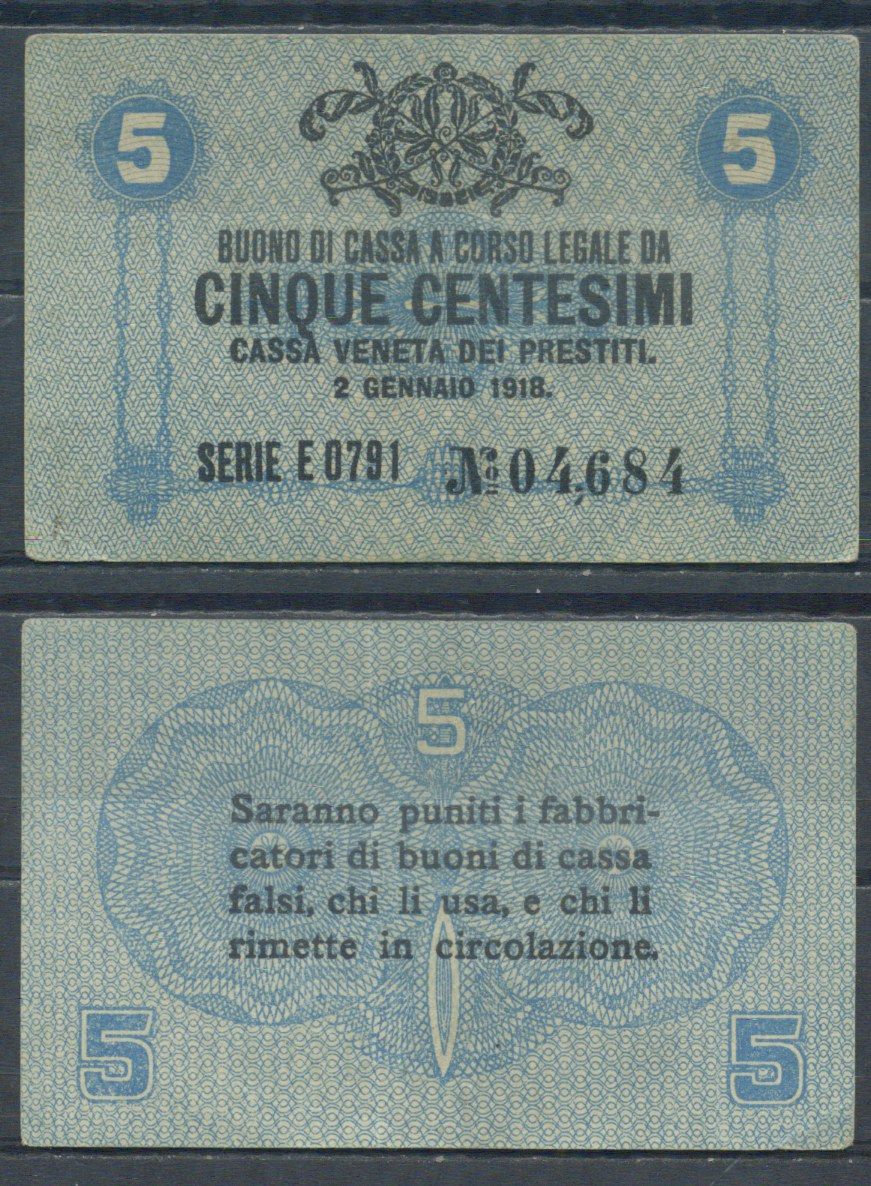 Италия 5 чентезимо 1918 	Венецианский ссудный банк Pick M1 бумага 7554-12-4-1