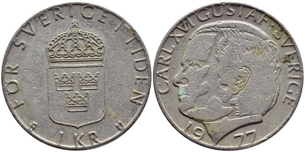Швеция 1 крона 1977 Карл XVI Густав (1973- ) KM 852 медь плакированная медно-никелем 4397-832