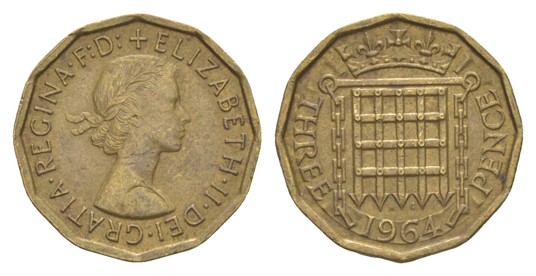 Великобритания 3 пенса 1964 Елизавета II (1952-2022) KM 900, Spink 4153 никель латунь 4571-1035