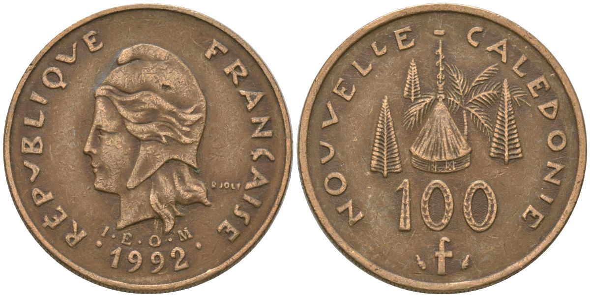Французская Новая Каледония 100 франков 1992 хижина среди сосен и пальм, (IEOM) KM 15, Schoen 16, Lec 137 никель латунь 4140-544