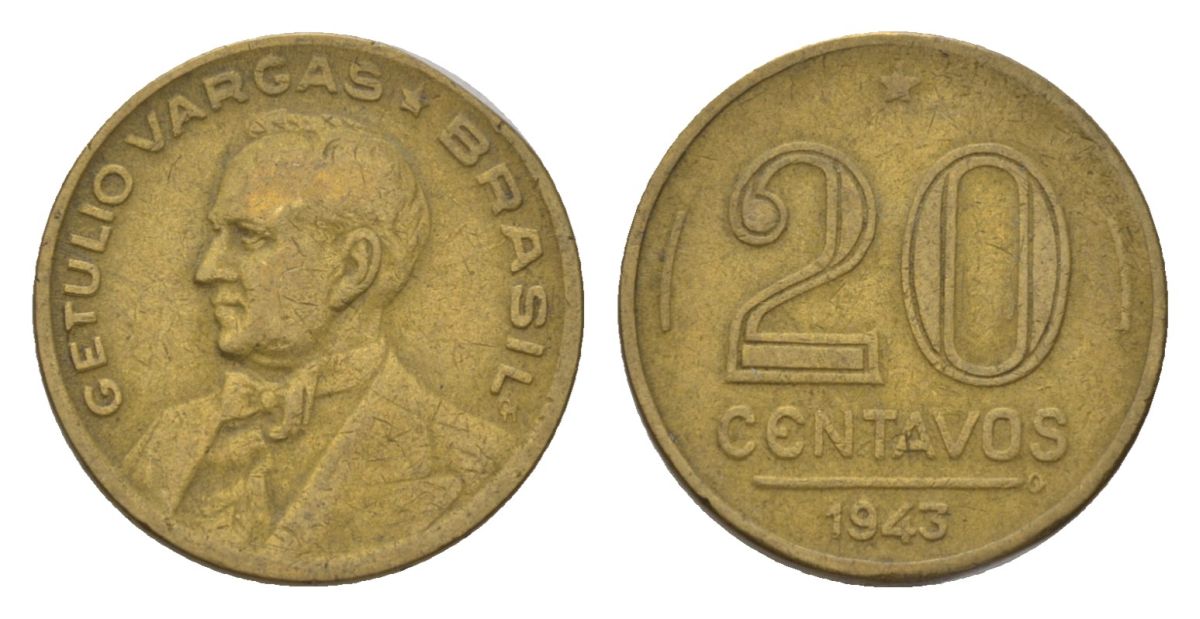 Бразилия 20 сентаво 1943 Жетулиу Варгас KM 556a алюминиевая бронза 4625-935