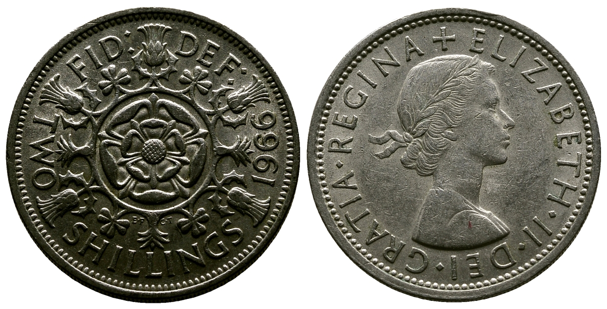 Великобритания 2 шиллинга (флорин) 1966 Елизавета II (1952-2022) KM 906, Spink 4146 медно-никель 4382-645