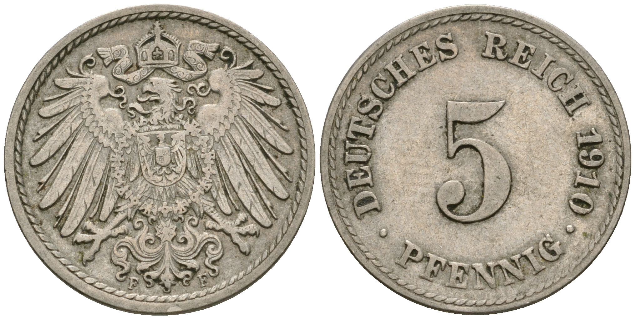 Германия 5 пфеннигов 1910 F KM 11, Jager 12, Weege 6 медно-никель 4608-939