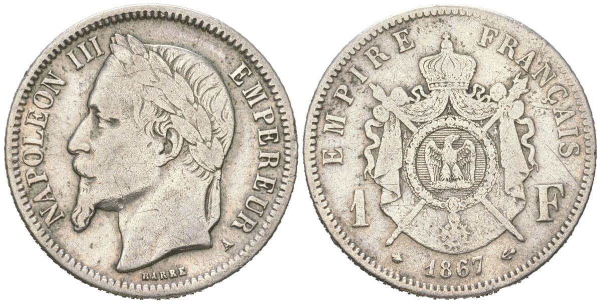 Франция 1 франк 1867 A, Наполеон III (1852-1870) KM 806 серебро 63-722