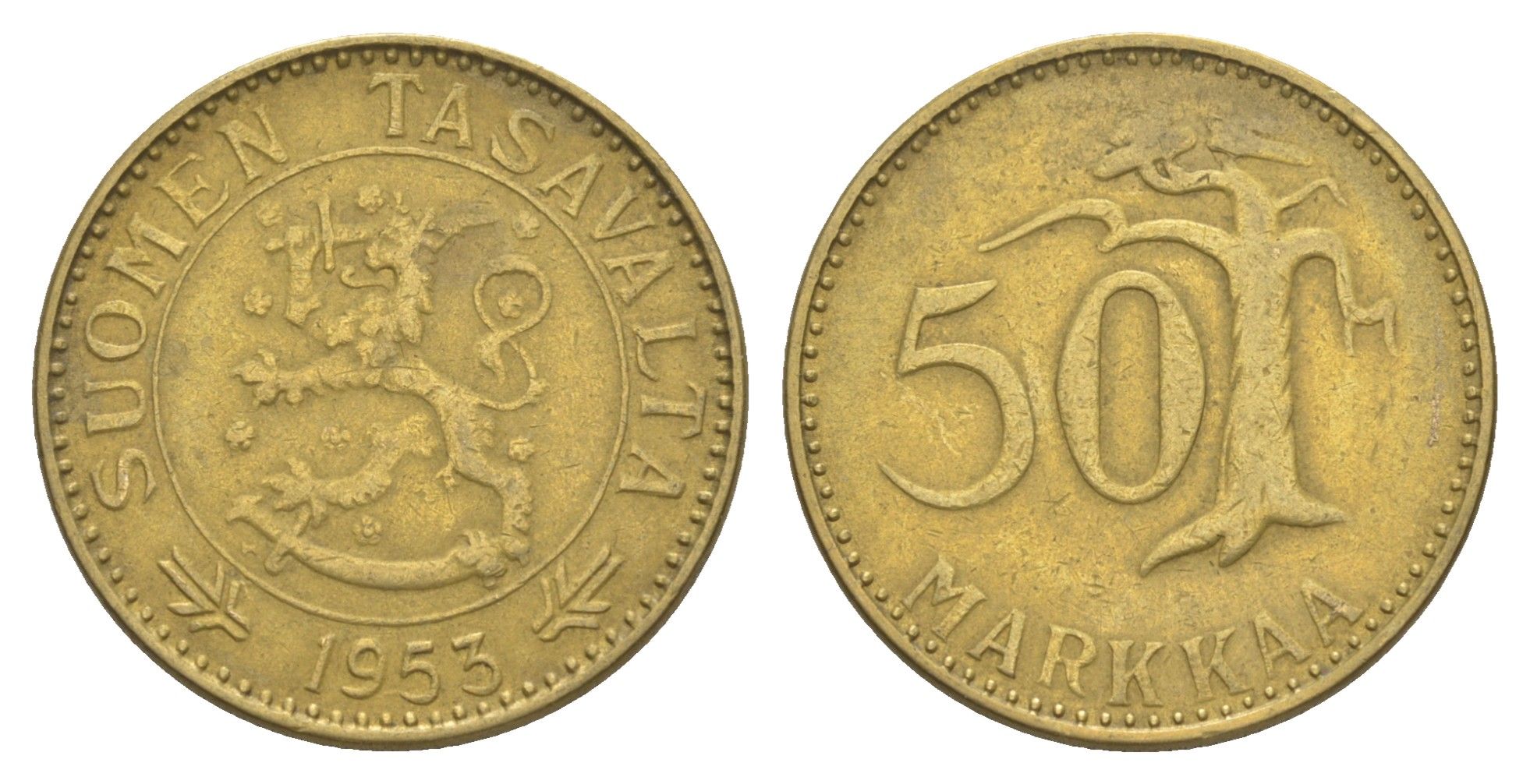 Финляндия 50 марок 1953 KM 40 алюминиевая бронза 4538-112