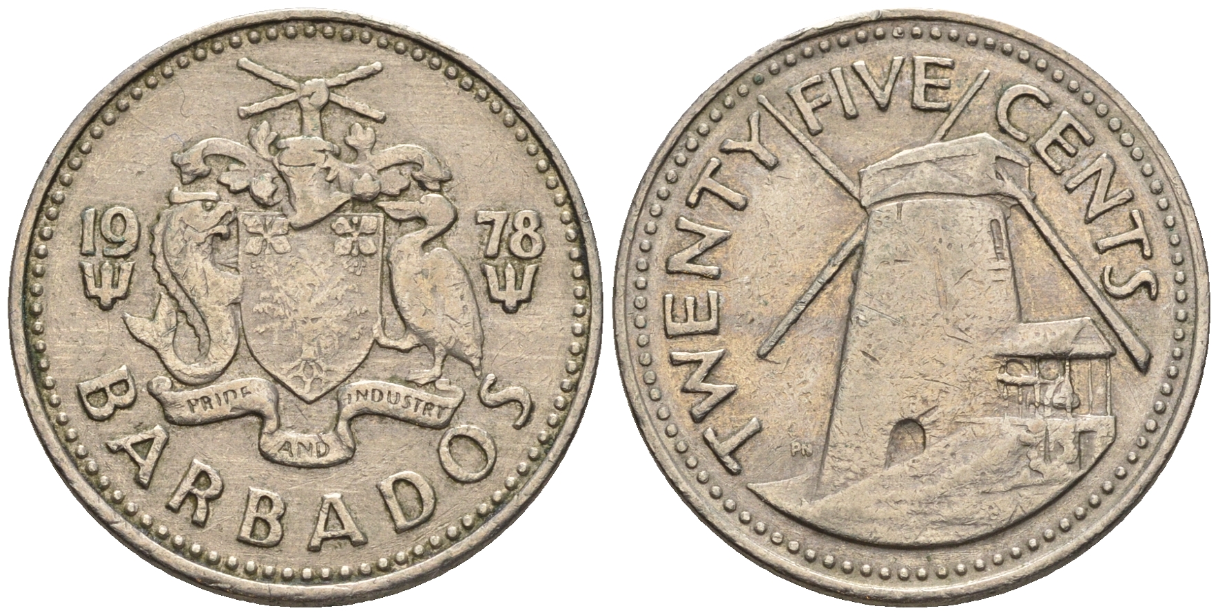 Барбадос 25 центов 1978 ветряная мельница Моргана Льюиса KM 13 медно-никель 87-244