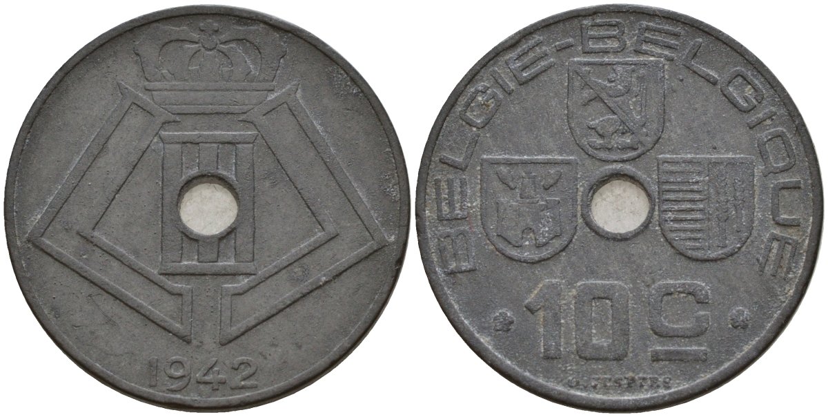 Бельгия 10 сантимов 1942 Belgie - Belgique, Леопольд III (1934-1947), германская оккупация, Вторая мировая война KM 126 цинк 4161-334