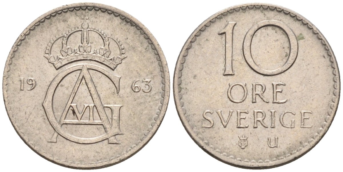 Швеция 10 эре 1963 Густав VI Адольф (1950-1973) KM 835 медно-никель 4585-354