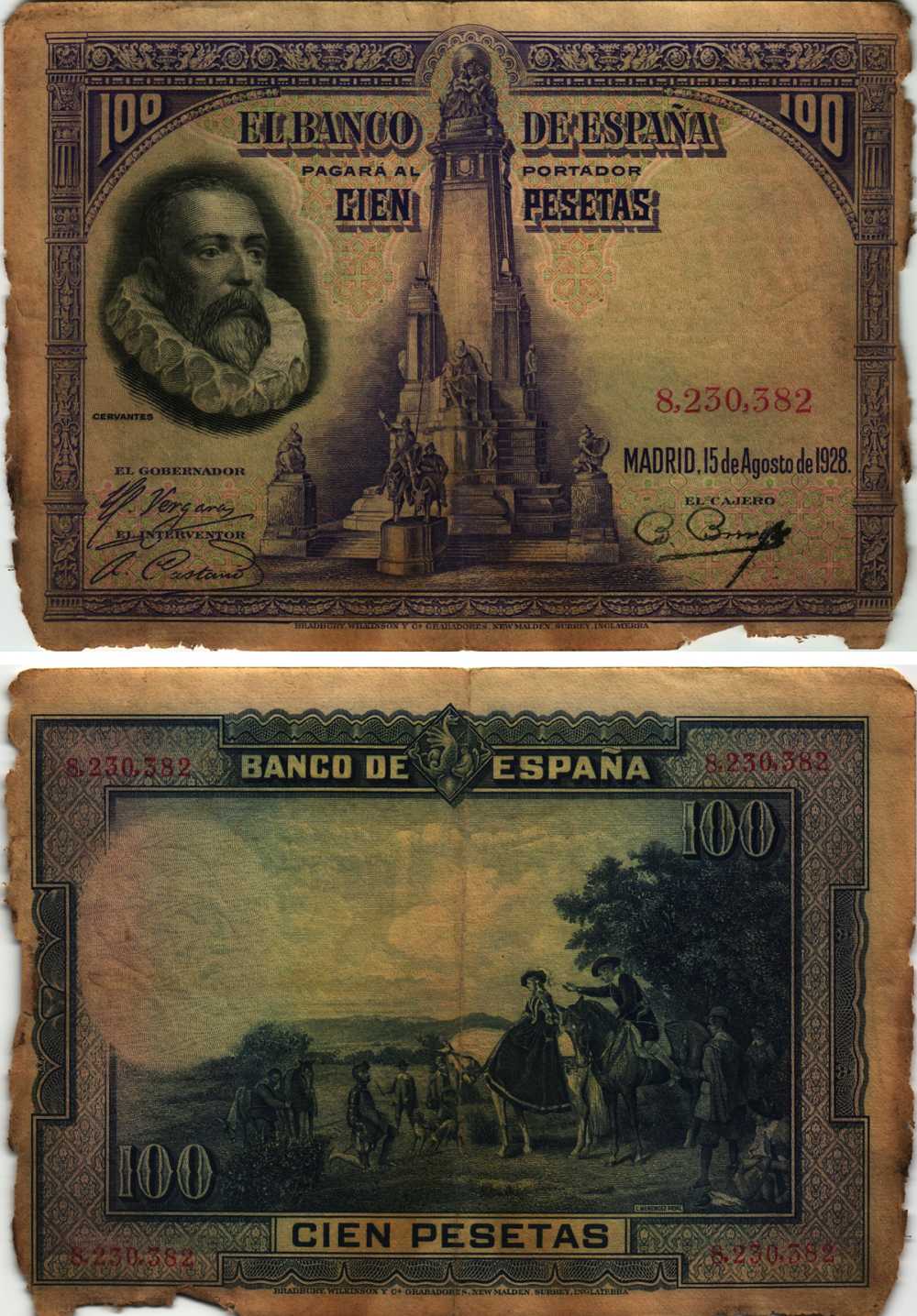 Испания 100 песет 1928 Мигель де Сервантес Сааведра, памятник Сервантесу, картина Дон Кихот Pick 76 а бумага 8609-35-1
