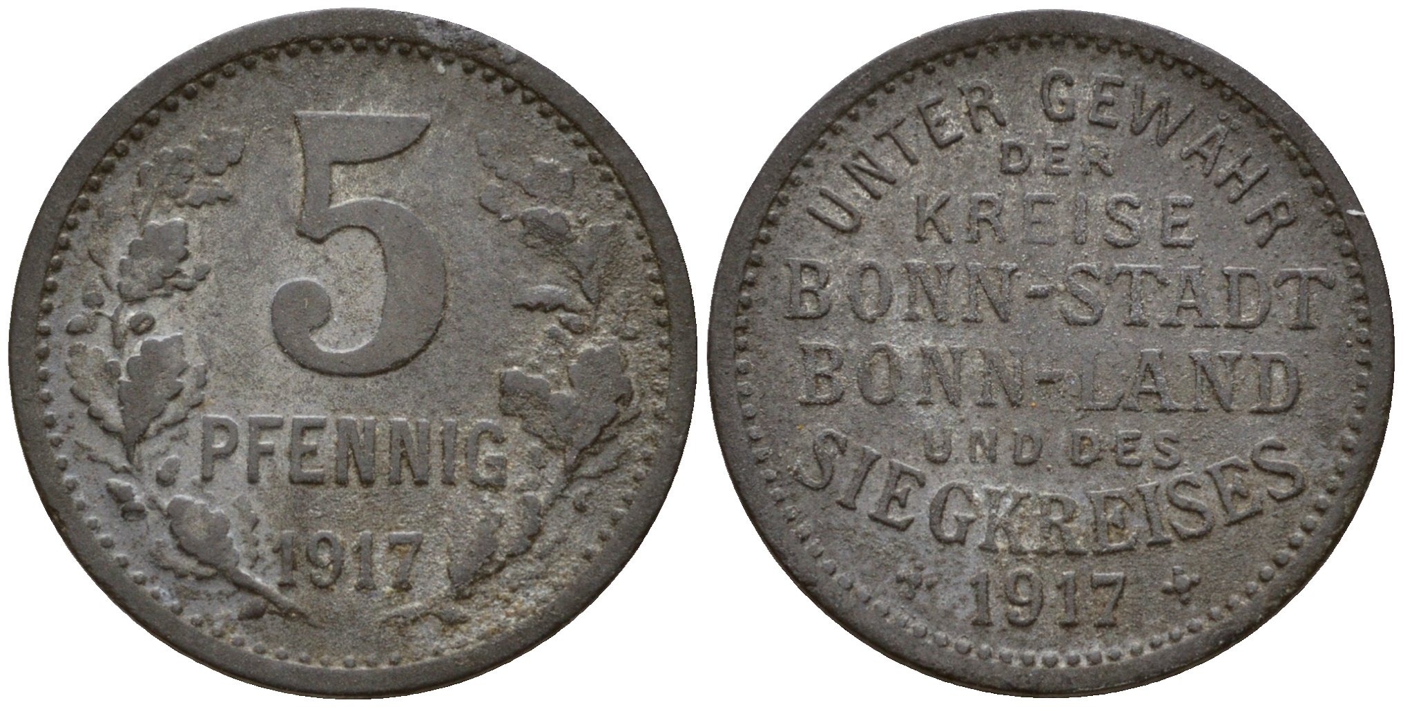 Бонн и Зигкрайс (Пруссия, Рейн) 5 пфеннигов 1917  Funck 52.1, Men05 3234.1, Men18 4150.1 цинк     4115-156