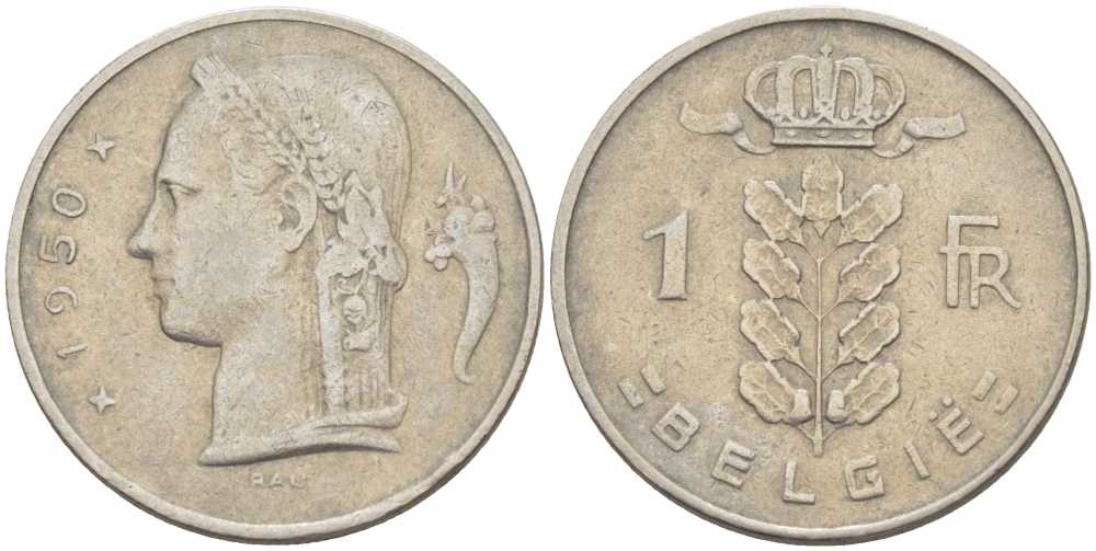 БЕЛЬГИЯ 1 ФРАНК 1950 BELGIE KM 143.1 медно-никель 213-321