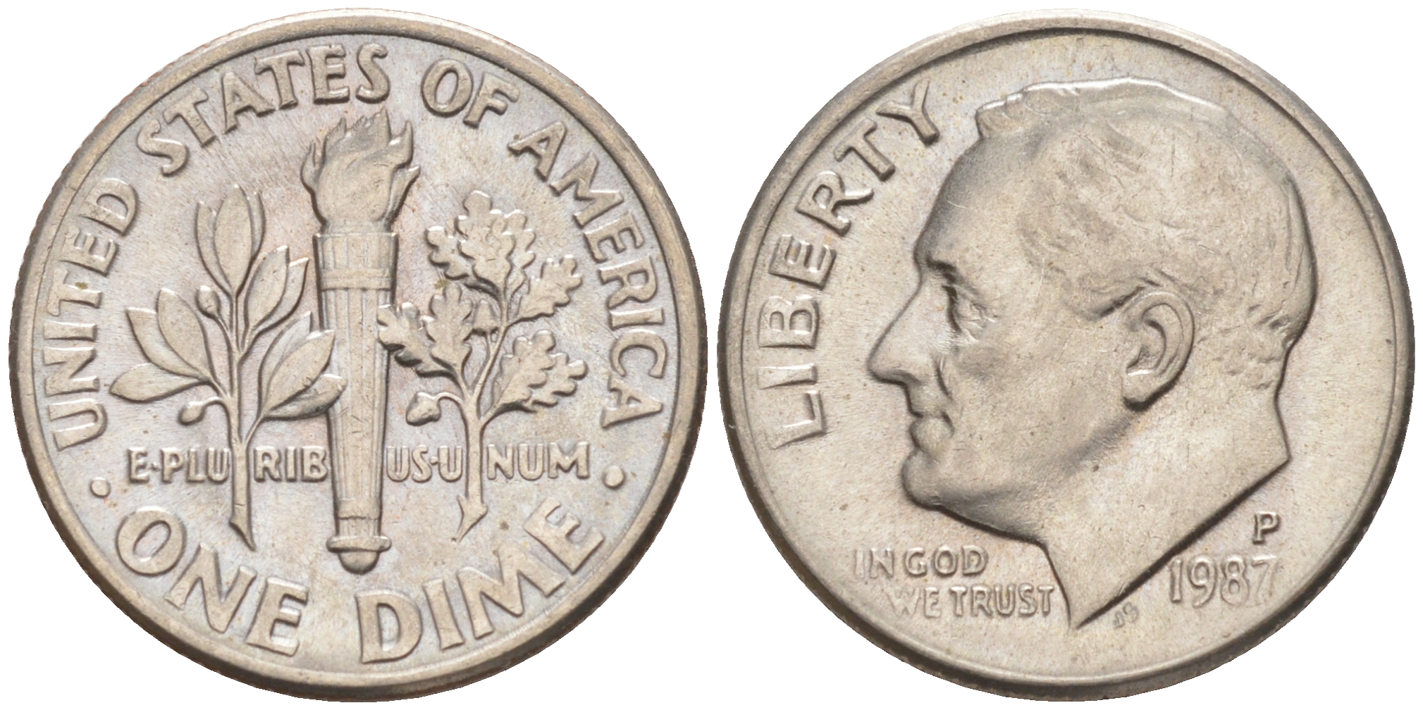 США 10 ЦЕНТОВ = 1 ДАЙМ 1987 P, РУЗВЕЛЬТ KM 195a медь плакированная медно-никелем 187-1061