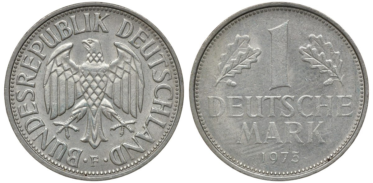 ФРГ 1 МАРКА 1973 F KM 110, J. 385 медно-никель aUNC 72-833