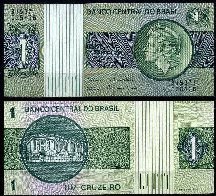 Бразилия 1 крузейро ND (1980) серия В 15871, подпись 20, голова свободы, здание Центрального банка Pick 191 Ac бумага UNC (пресс) 2197-49-2-1