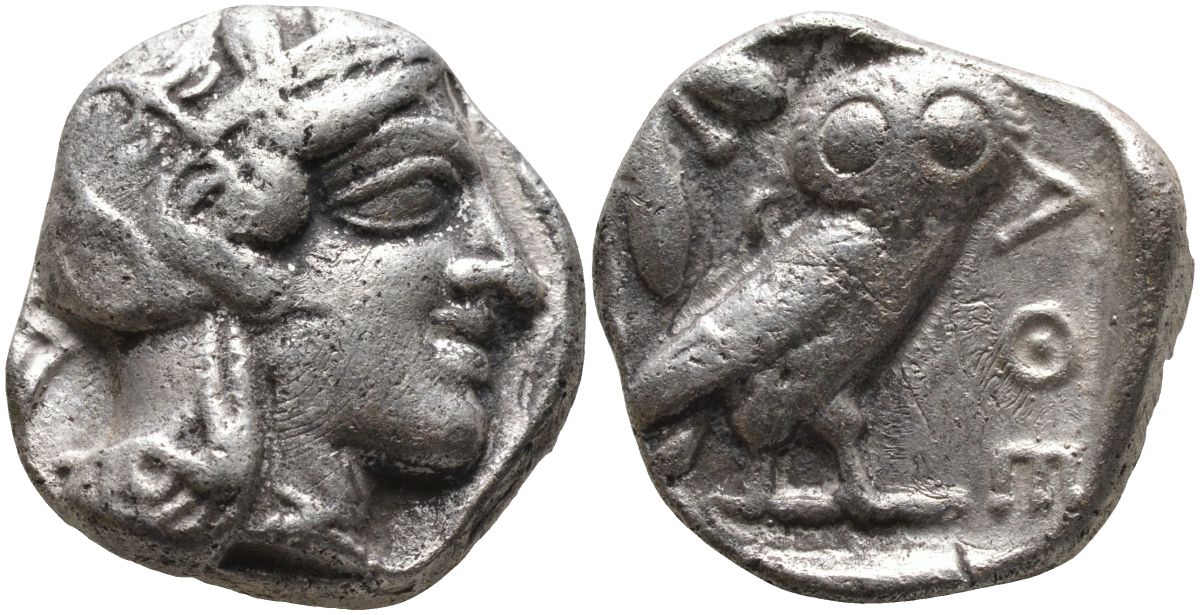 Древняя Греция, Аттика, Афины тетрадрахма 454 - 404 гг. до н.э. голова Афины в шлеме / АФЕ, сова, оливковая ветвь, полумесяц, 16,88 гр Kroll 8 серебро 00-000-00