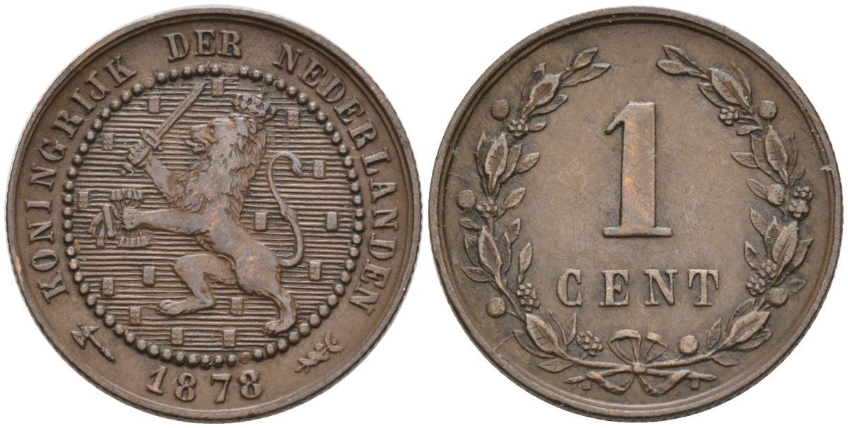 Нидерланды 1 цент 1878 Виллем III (1849-1890) KM 107 бронза 4576-546