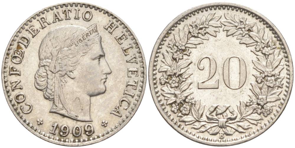ШВЕЙЦАРИЯ 20 РАППЕНОВ 1909 В KM 29 никель 55-623