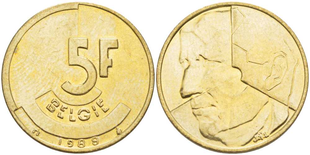 БЕЛЬГИЯ 5 ФРАНКОВ 1988 BELGIE KM 164 латунь или алюминиевая бронза 4391-213