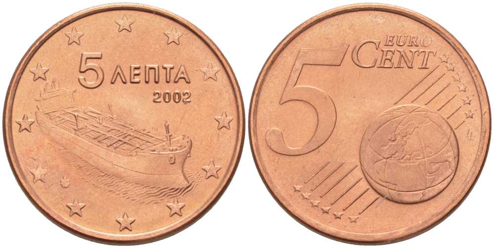 ГРЕЦИЯ 5 ЕВРОЦЕНТОВ 2002 KM 183 сталь плакированная медью UNC 214-354
