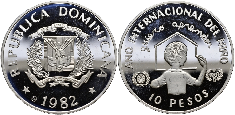 Доминиканская Республика 10 песо 1982 Международный год детей, тираж 8712 экземпляров KM 57 серебро PROOF 1095-1-33